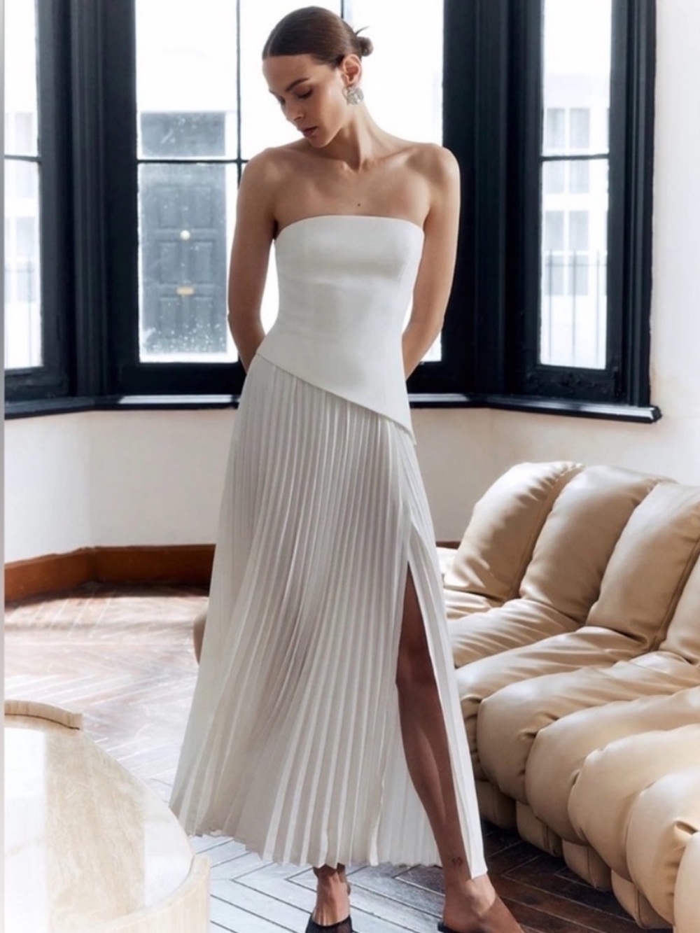 Commense White Strapless Pleated Dress